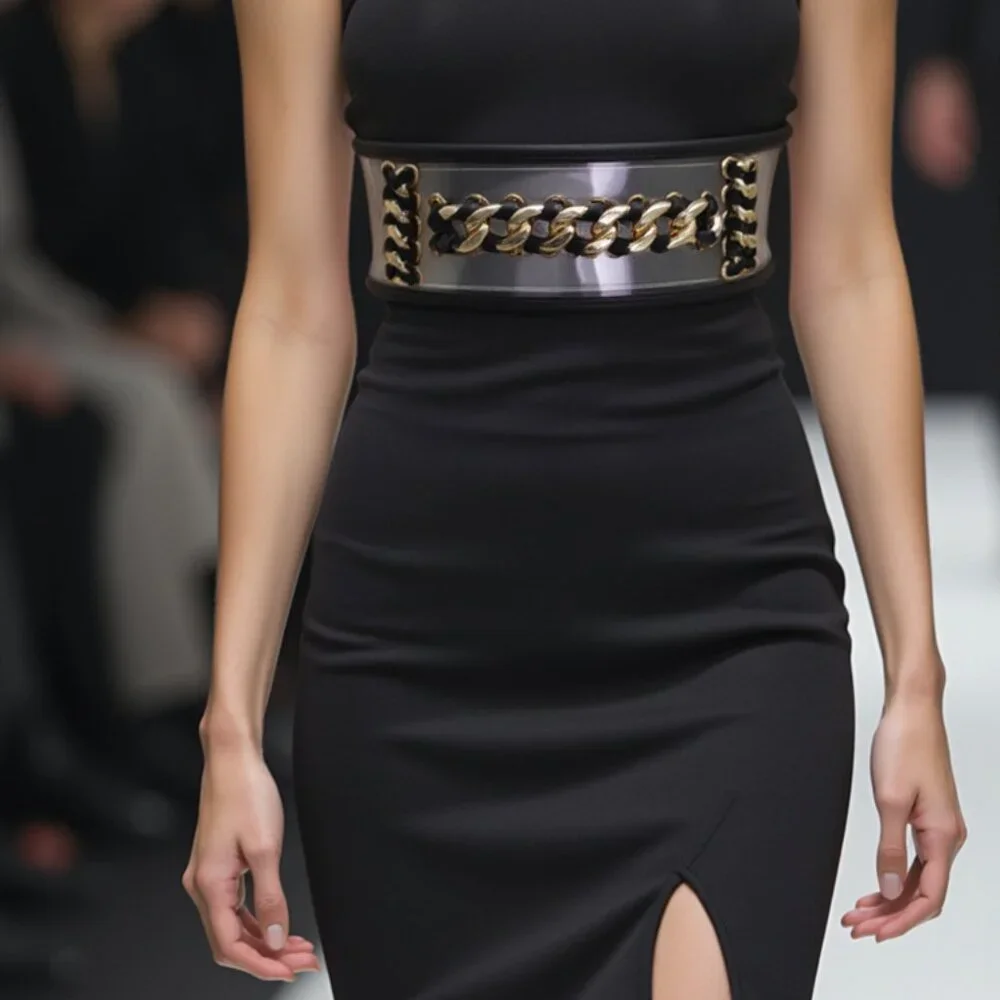 Women’s Wide Black Stretch Waist Belt with Gold Chain Link – Elastic Band XS S - Picture 4 of 8